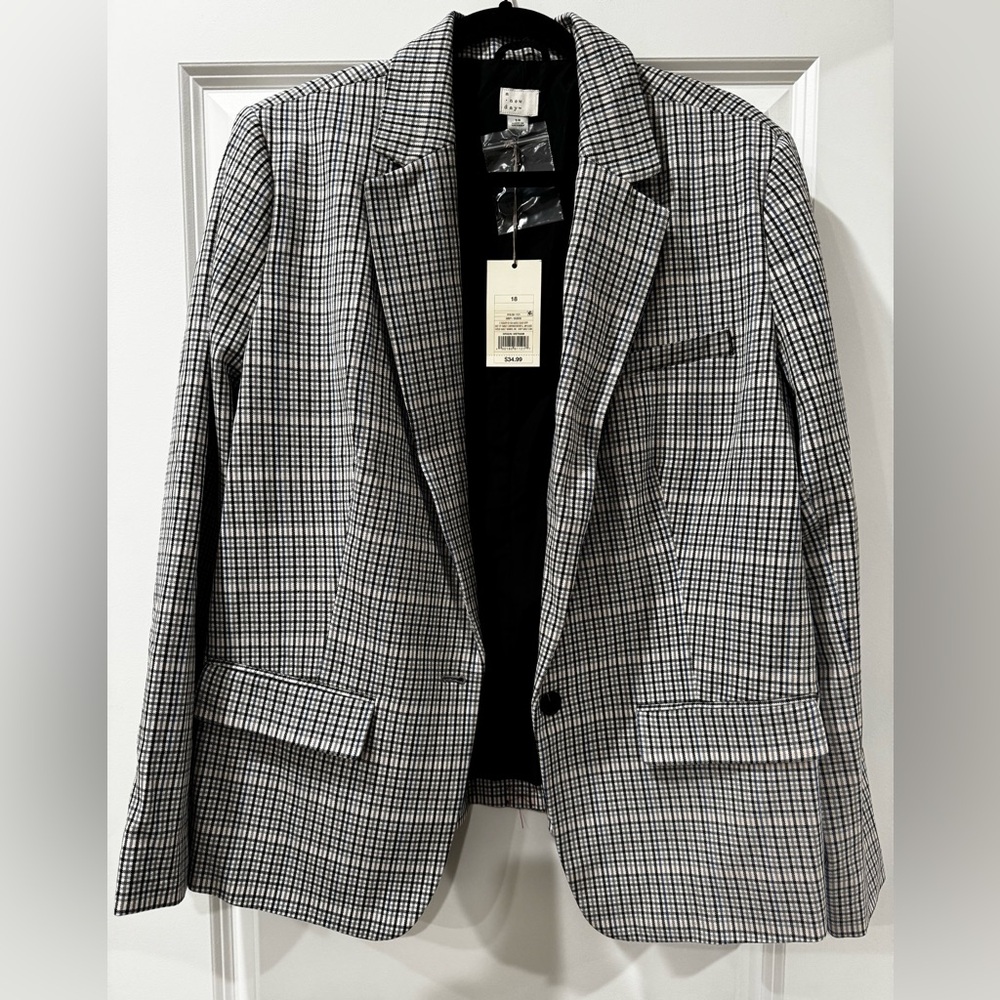 a new day Black, Blue, White Plaid Blazer NWT 18